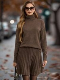 EMERY ROSE Women\'s Autumn/Winter Solid Turtleneck Drop Shoulder Long Sleeve Sweater And Pleated Knit Skirt 2 Pieces Set Fall Cloth For Women | SHEIN USA at Shein